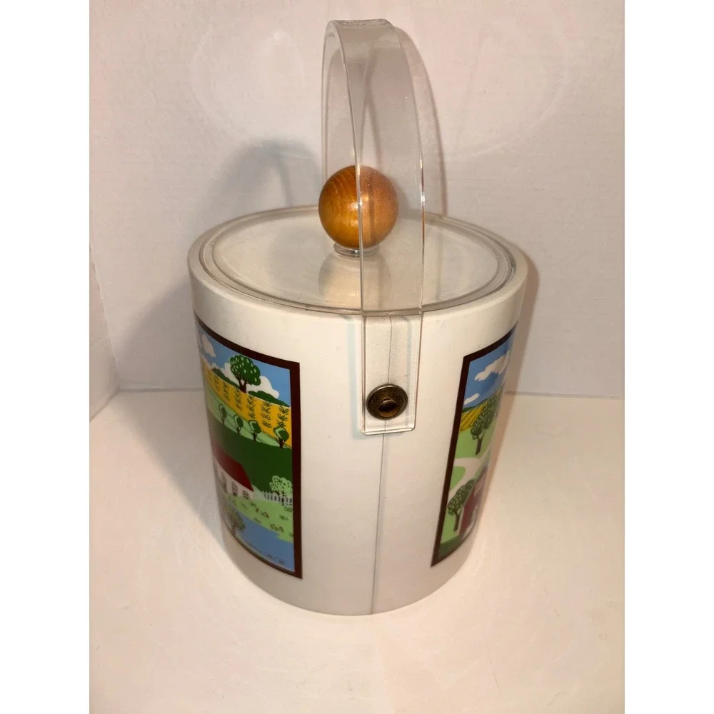 Vintage Folk Art‎ Farm Scene Ice Bucket Insulated Acrylic Handle Wood Knob Lid